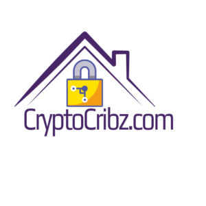 logo for cryptocribz.com with the website name, roof, and lock with a crypto design